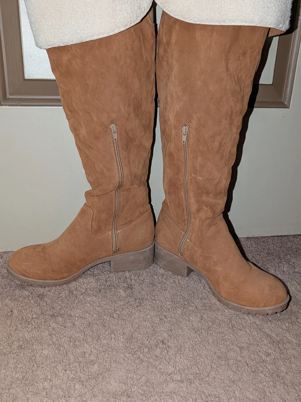 Women's Tan Suede Look Knee-High Boots - Classic Casual Style